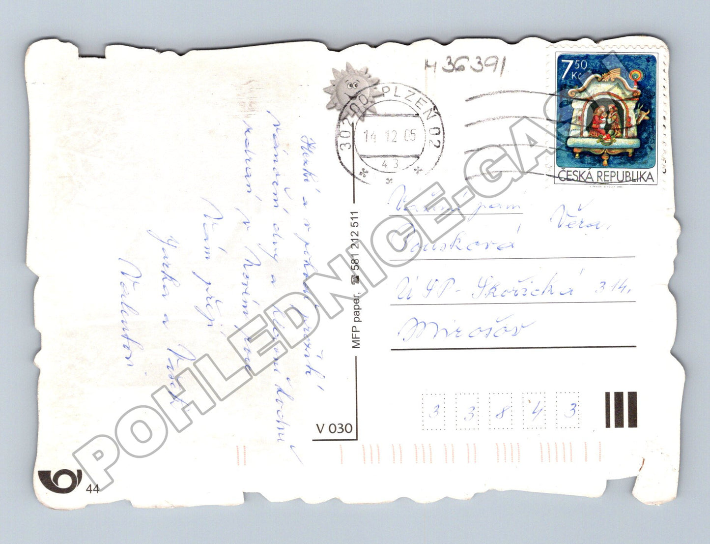 Pohlednice Vánoční motiv domky sníh 2005 (M36391)