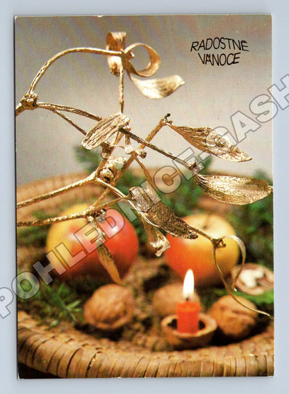 Pohlednice Vánoční motiv jmelí jablka 1982 (M36396)