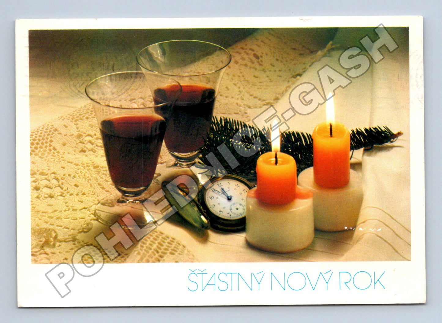 Pohlednice Nový rok sklenice svíčky 1987 (M36397)