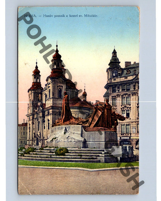 Pohlednice Praha Husův pomník a kostel sv Mikuláše 1911 (M364)