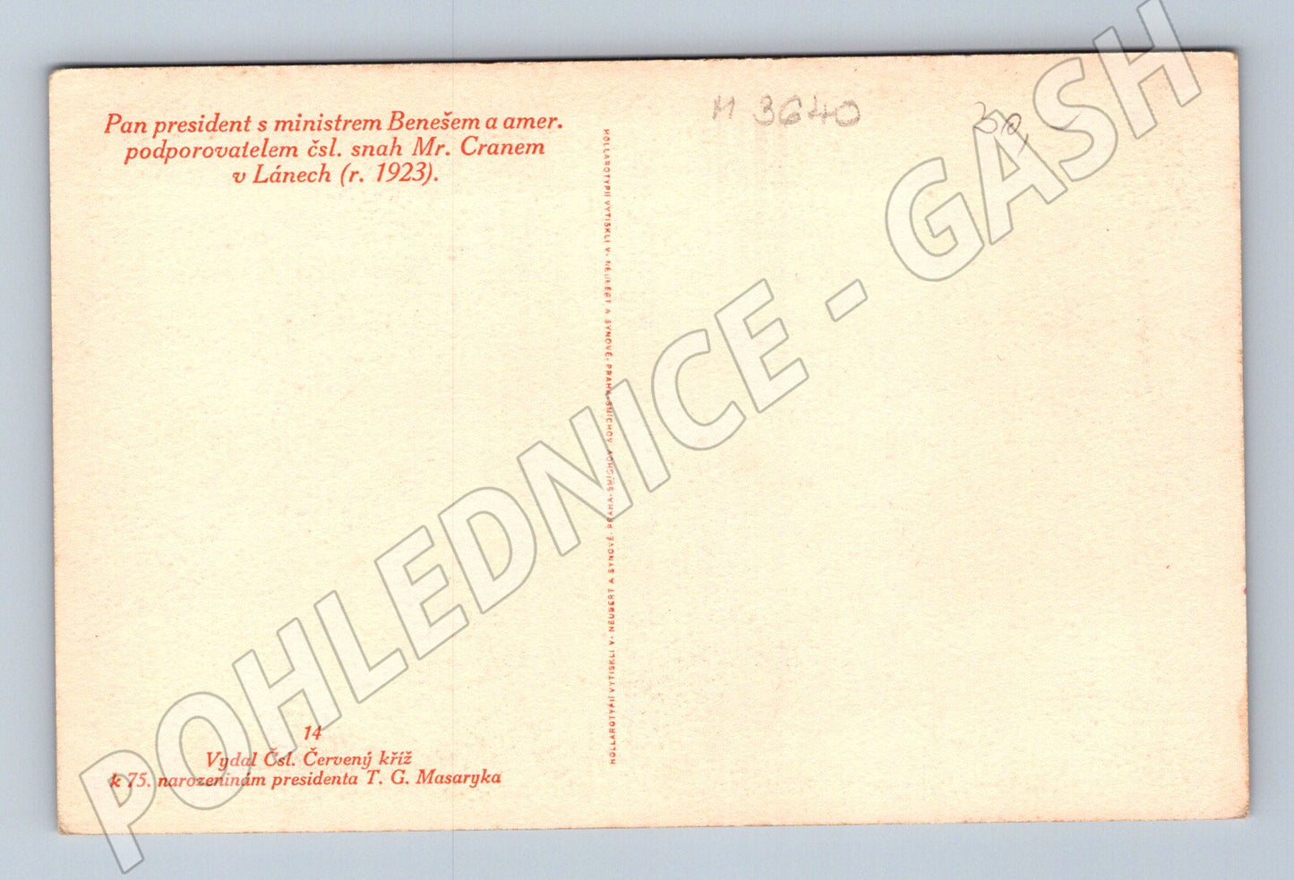 Pohlednice Masaryk Beneš Crane Lány 1923 (M3640)