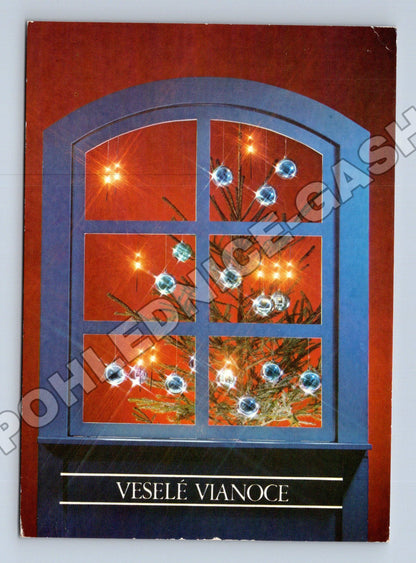 Pohlednice Vánoce motiv okno 1980 (M36413)