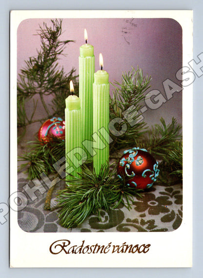 Pohlednice vánoční motiv svíčky a ozdoby 1975 (M36438)