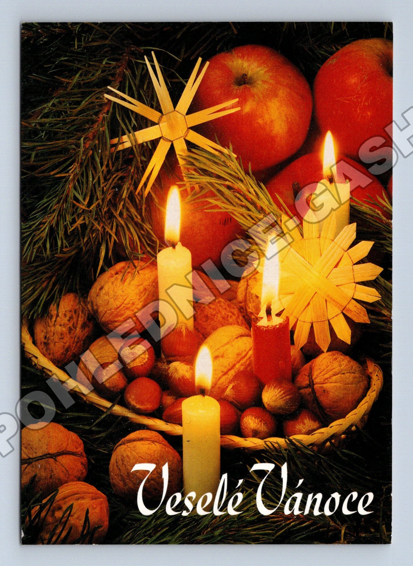 Pohlednice Vánoční motiv svíčky jablka ořechy 2005 (M36442)