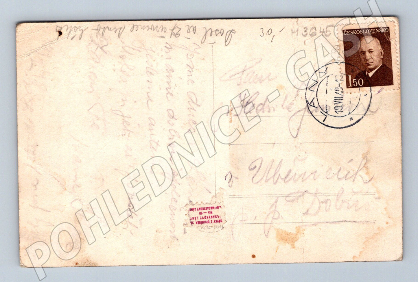 Pohlednice Masarykovy Lány hrob 1949 (M3645)