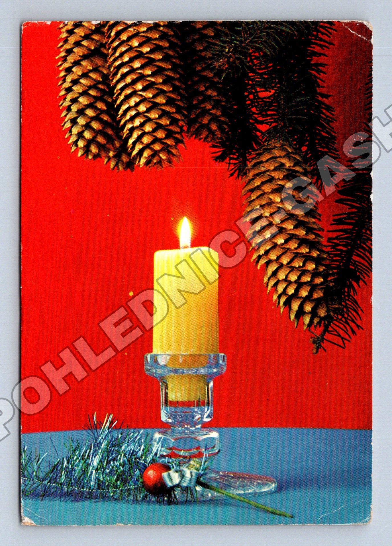 Pohlednice Vánoční motiv svíčka a šišky 1973 (M36462)