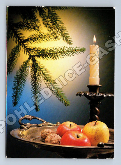 Pohlednice vánoční zátiší svíčka ovoce 1988 (M36477)