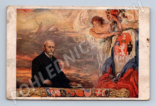 Pohlednice Masaryk vznik ČSR 1918 použito (M3652)