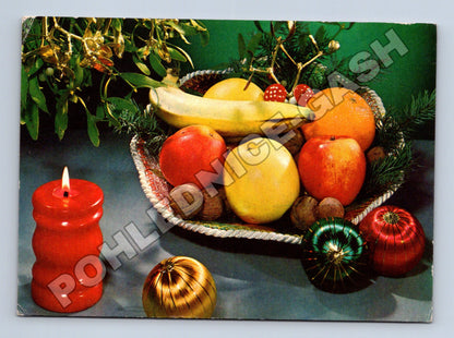 Pohlednice Vánoční motiv ovoce svíčka 1974 (M36521)