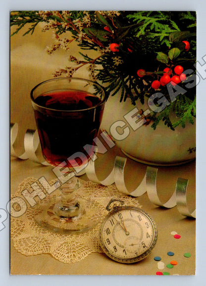 Pohlednice Vánoční motiv s hodinkami a vínem 1988 (M36525)