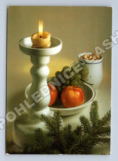 Pohlednice Vánoční zátiší svíčka ovoce 1990 (M36528)