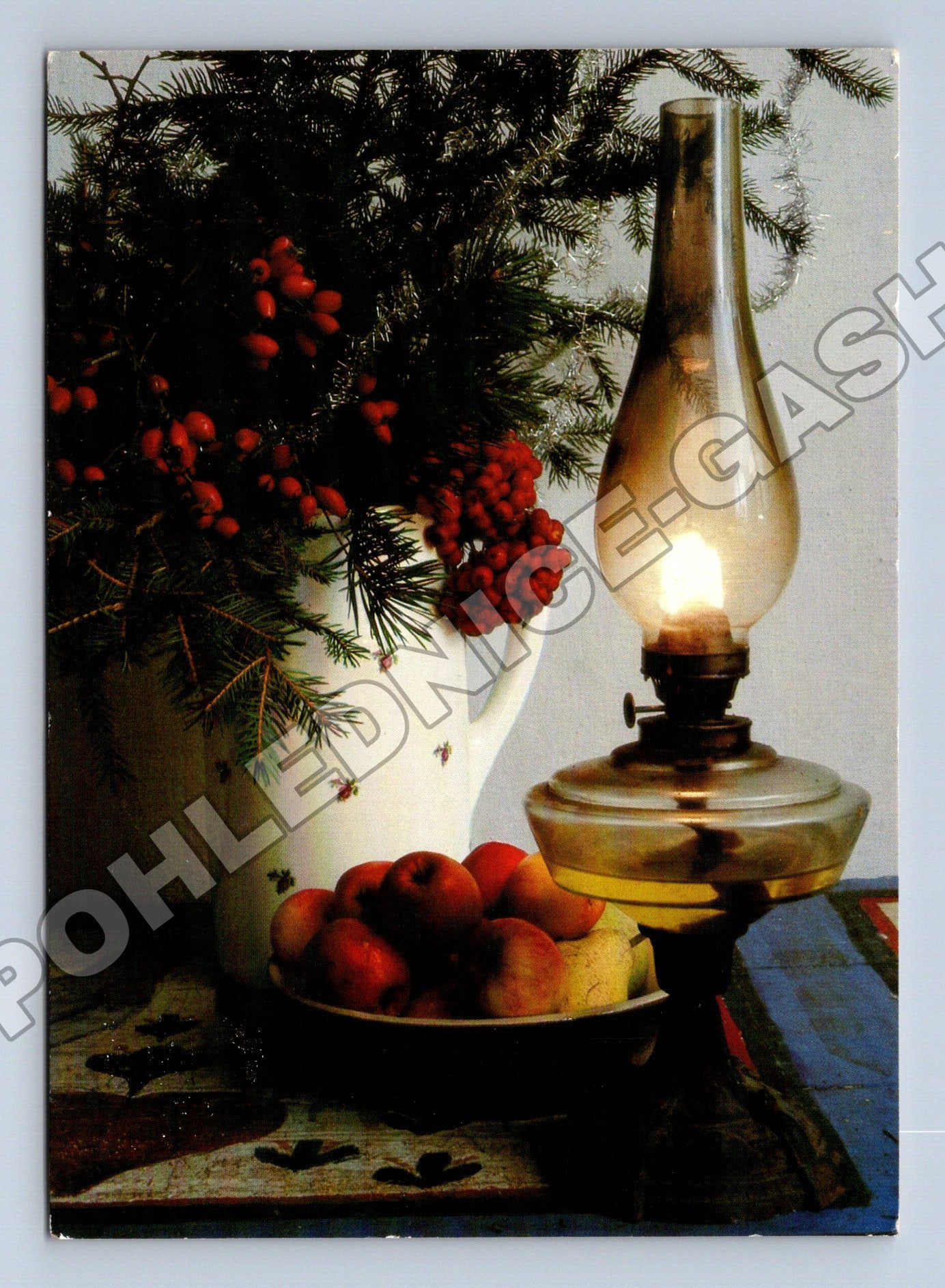 Pohlednice Vánoční zátiší s lampou a jehličím 1989 (M36543)