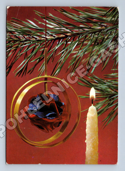 Pohlednice Vánoční motiv svíčka a jehličí 1973 (M36596)