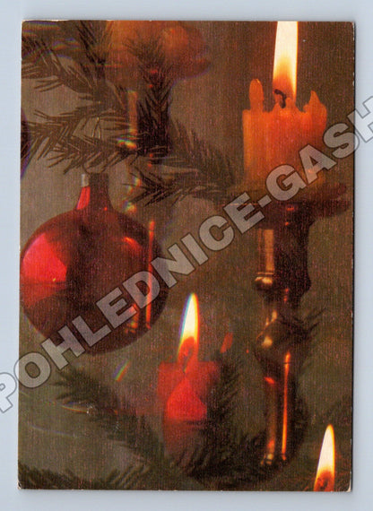 Pohlednice Vánoční pozdrav svíčky baňky 1977 (M36606)