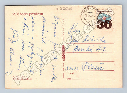 Pohlednice Vánoční pozdrav svíčky baňky 1977 (M36606)