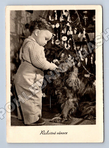 Pohlednice Radostné vánoce dítě a pes 1947 (M36632)