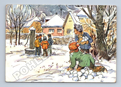 Pohlednice Děti při koulování zimní scéna 1961 (M36644)