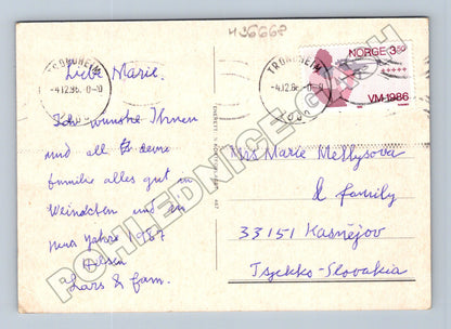Pohlednice Norsko zimní motiv s vlajkou God Jul 1986 (M36668)