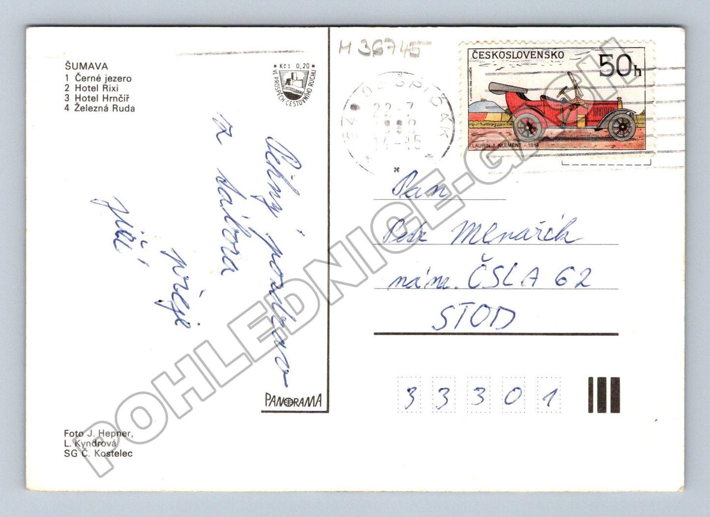 Pohlednice Šumava mapa Černé jezero Železná Ruda 197x (M36745)
