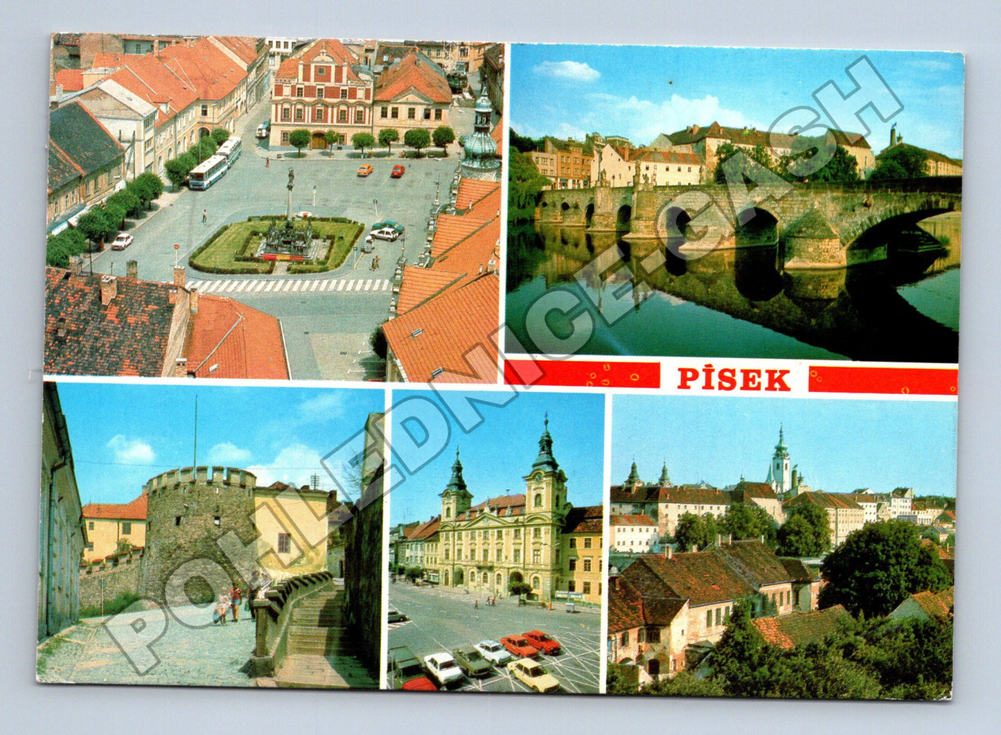 Pohlednice Písek Alšovo náměstí, most, radnice 1986 (M36785)