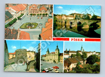 Pohlednice Písek Alšovo náměstí, most, radnice 1986 (M36785)