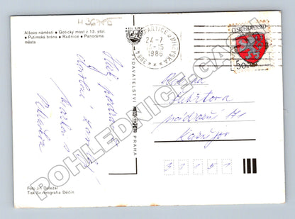 Pohlednice Písek Alšovo náměstí, most, radnice 1986 (M36785)