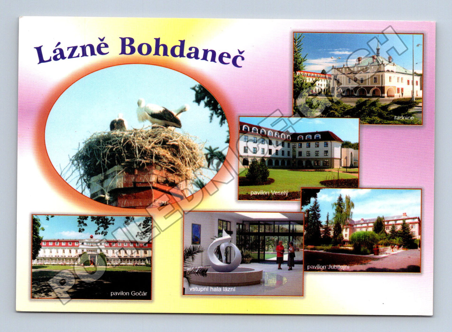 Pohlednice Lázně Bohdaneč koláž, čápi a pavilony 2005 (M36792)