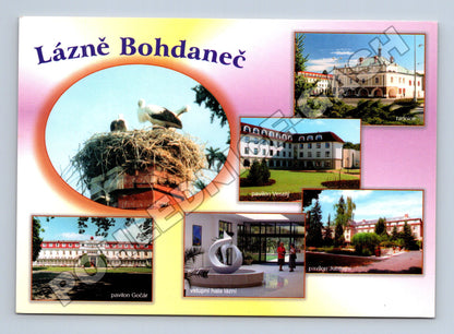 Pohlednice Lázně Bohdaneč koláž, čápi a pavilony 2005 (M36792)
