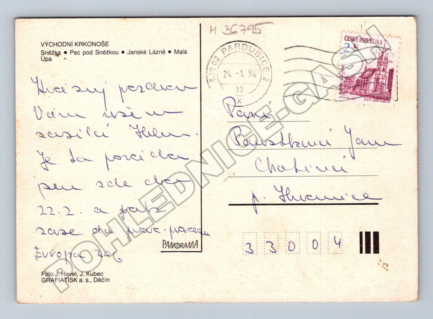 Pohlednice Krkonoše Sněžka Pec Janské Lázně 1994 (M36795)