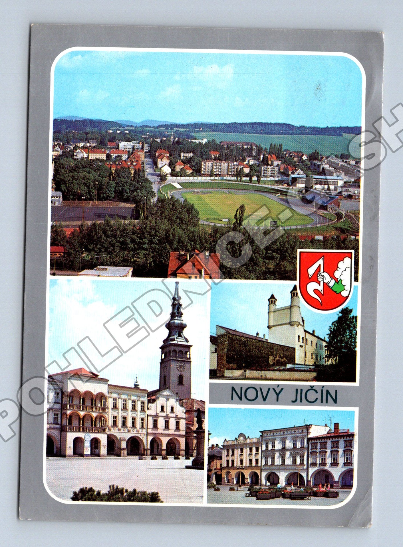 Pohlednice Nový Jičín koláž památek a stadionu 1989 (M36799)
