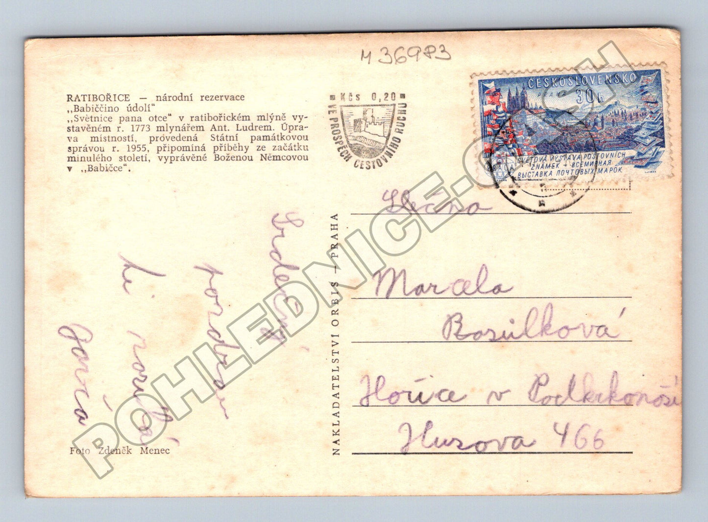 Pohlednice Ratibořice Babiččino údolí světnice mlýna 1969 (M36983)