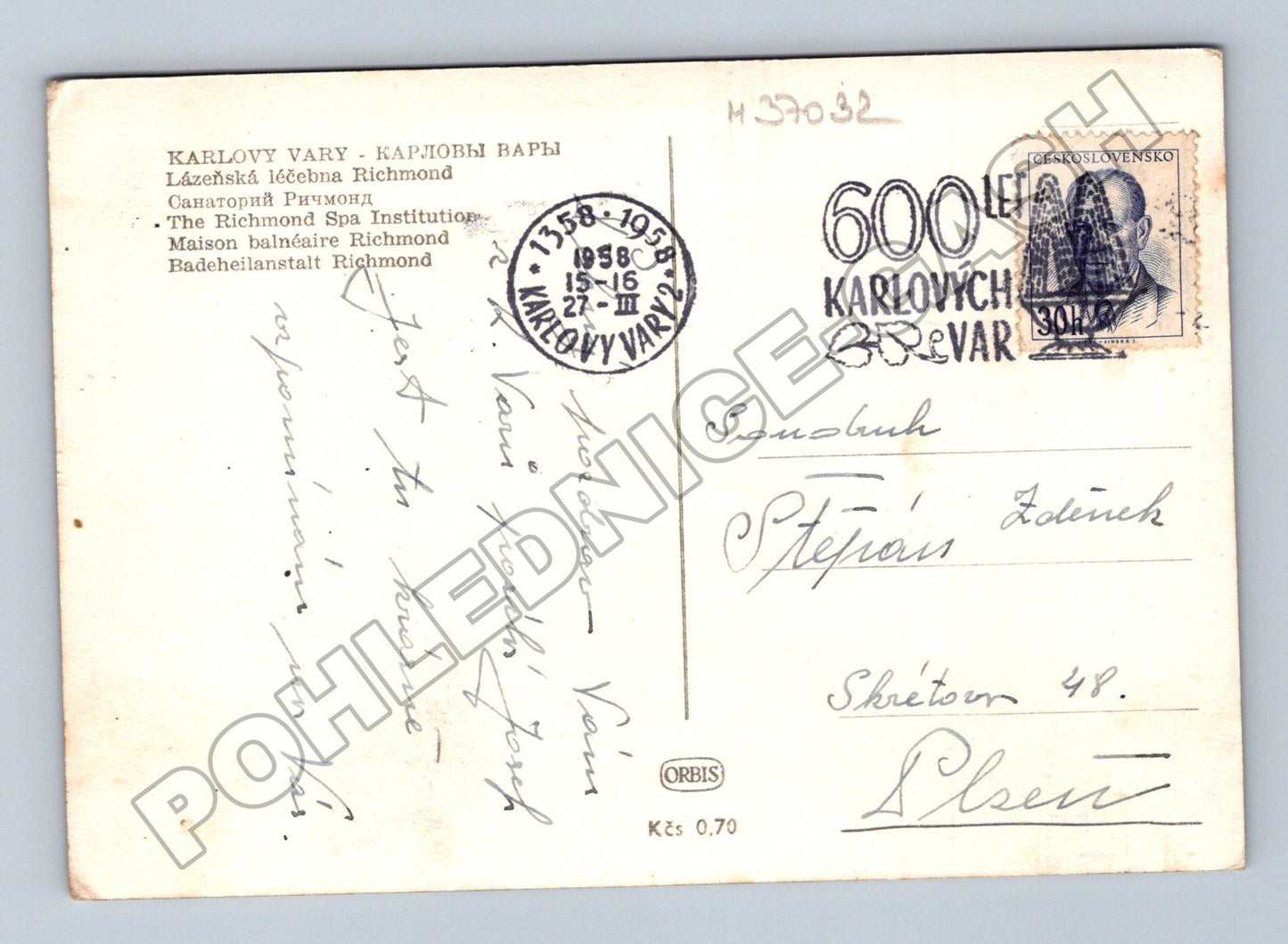 Pohlednice Karlovy Vary lázně Richmond jelen 1958 (M37032)