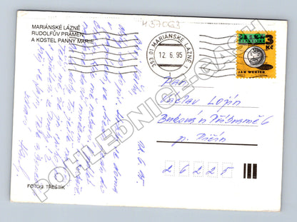 Pohlednice Mariánské Lázně Rudolfův pramen a kostel 1995 (M37063)
