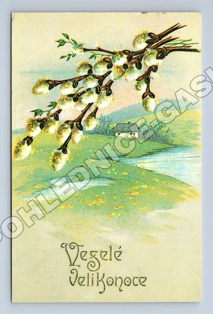 Pohlednice velikonoční kočičky krajina 1991 (M37243)