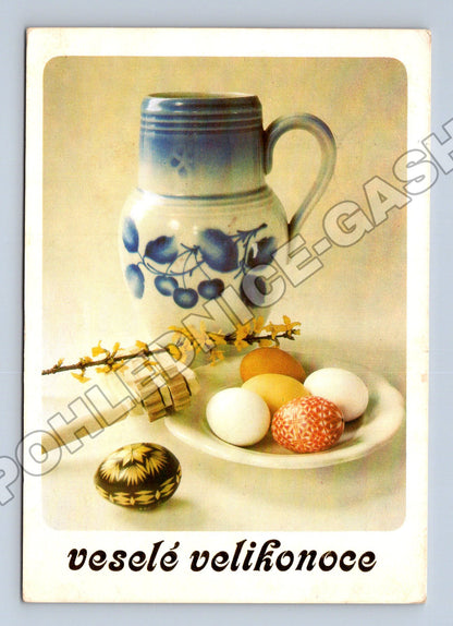 Pohlednice Velikonoce vajíčka džbán 1985 (M37283)