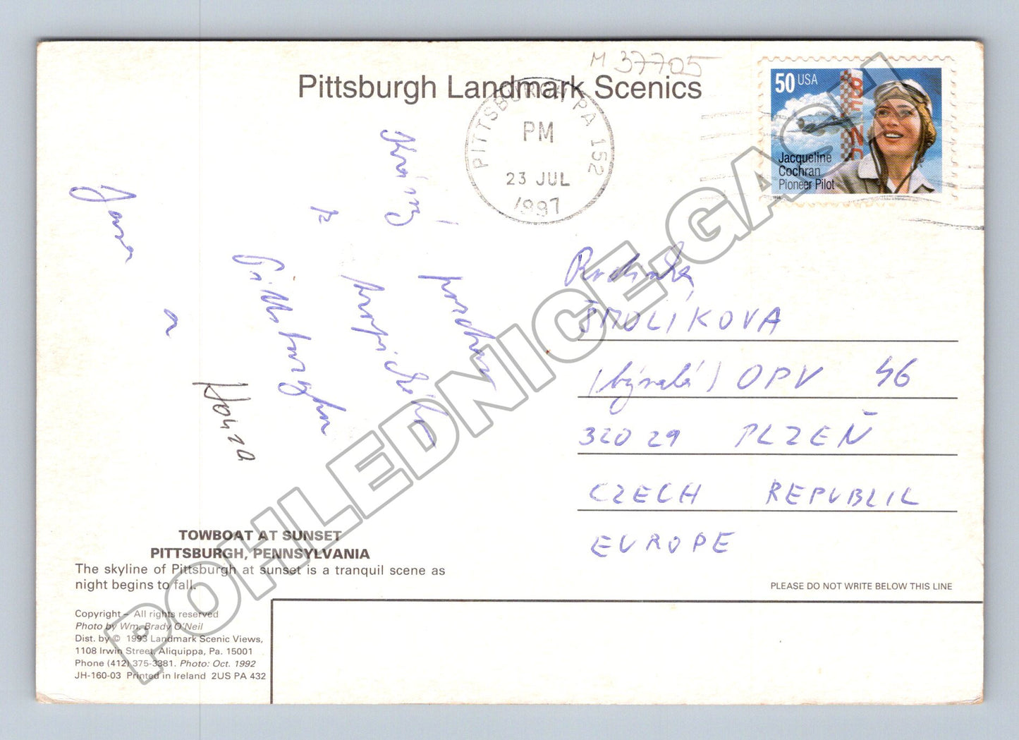 Pohlednice USA Pittsburgh remorkér západ slunce 1997 (M37705)