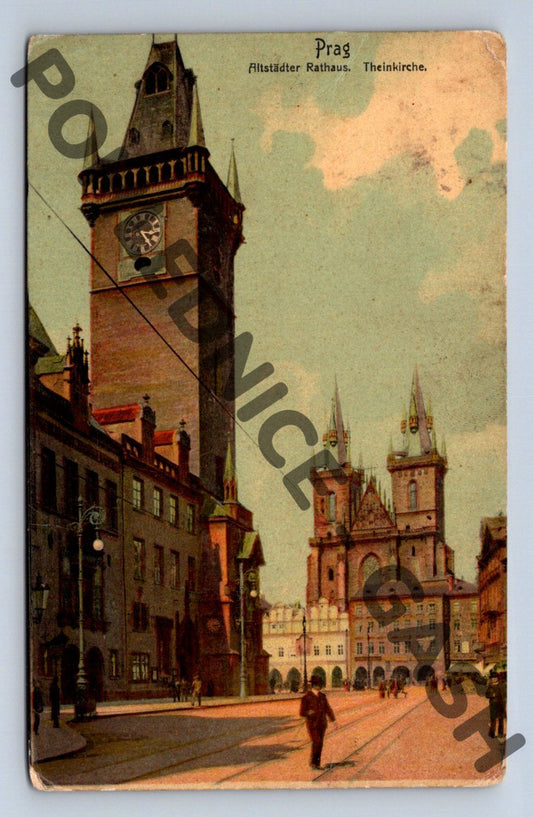 Pohlednice Praha Staroměstské náměstí radnice a Týn 1908 (M378)