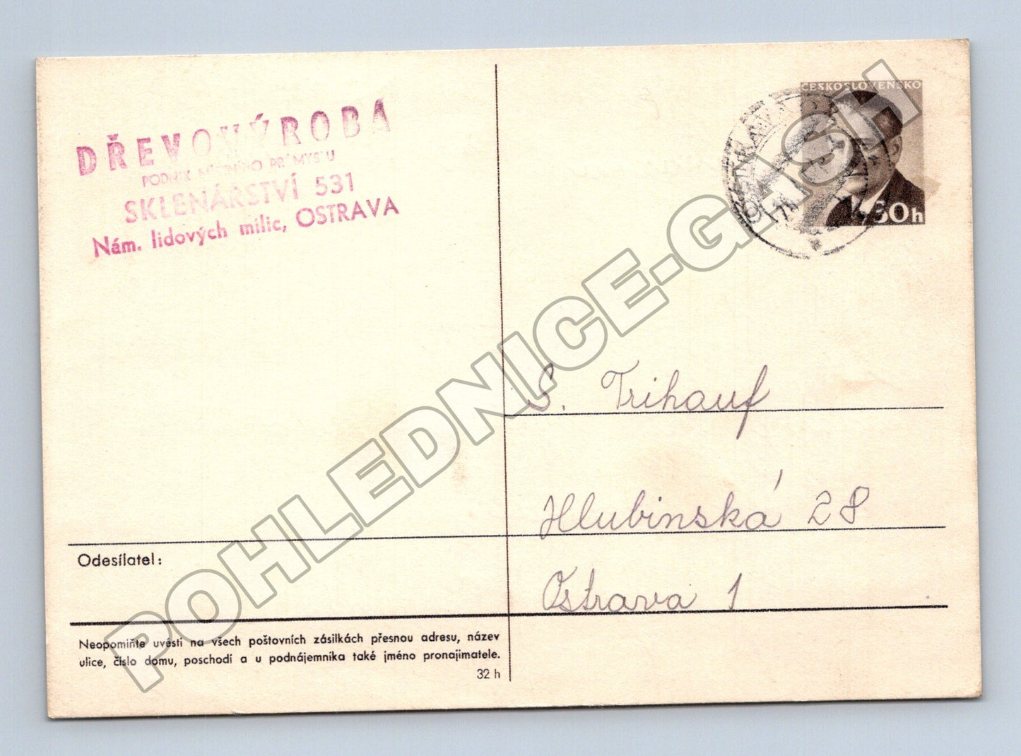 Pohlednice Ostrava reklama Dřevovýroba Sklenářství 1941 (M37873)