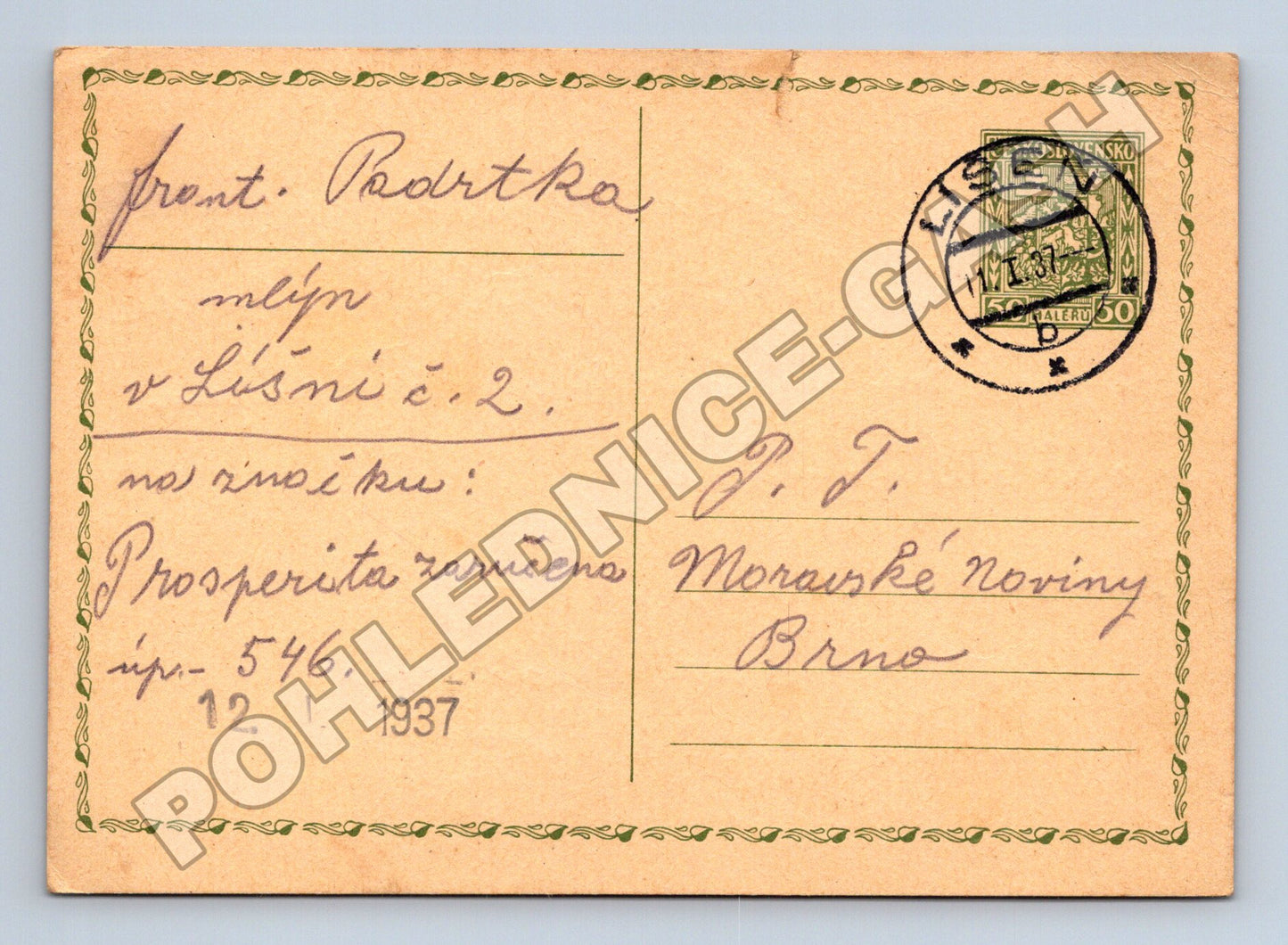 Pohlednice zpráva o mlýnu Líšeň 1937 (M37880)