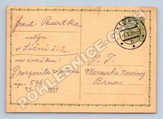 Pohlednice zpráva o mlýnu Líšeň 1937 (M37880)