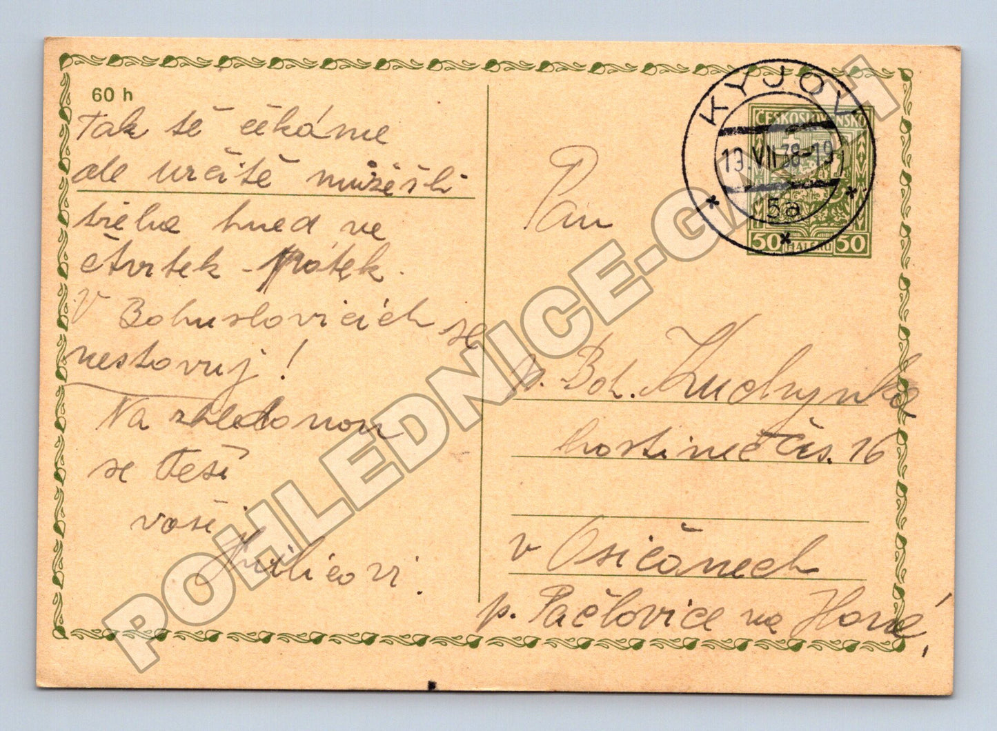 Pohlednice Kyjov korespondenční lístek 1938 (M37883)