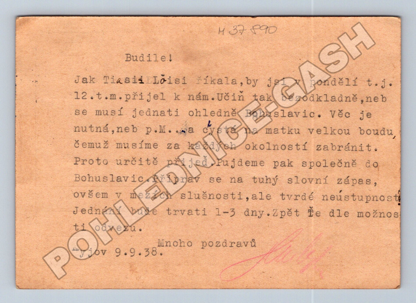 Pohlednice Kyjov textová 1938 (M37890)