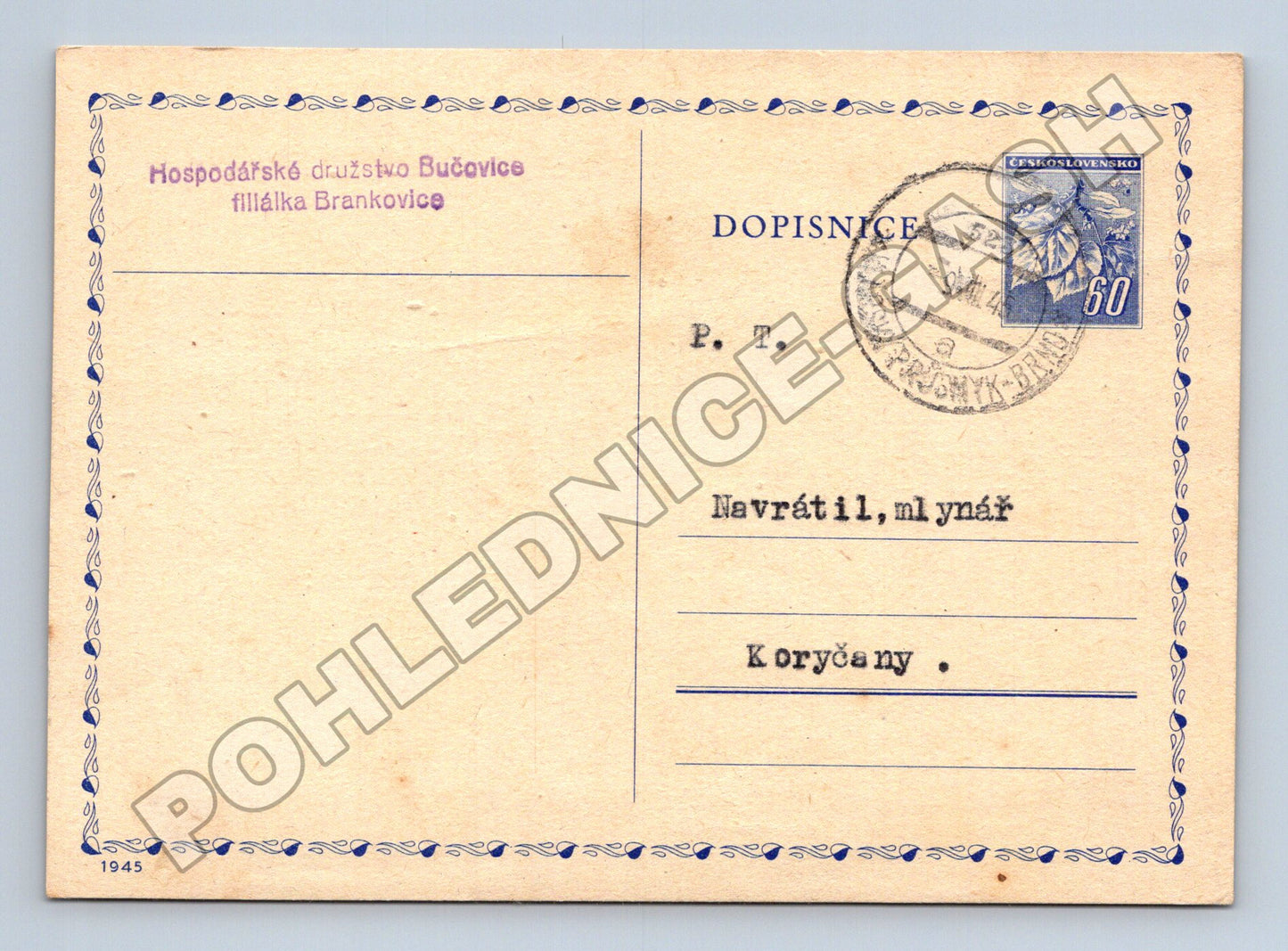Pohlednice formulář Hospodářské družstvo 1945 (M37898)