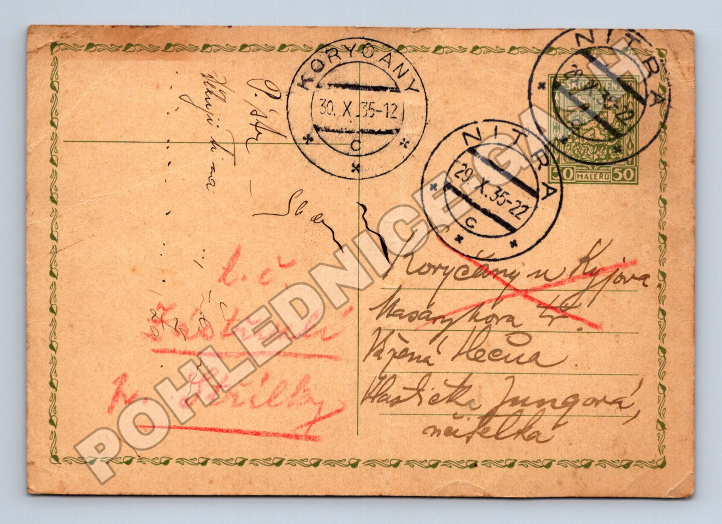 Pohlednice Slovensko Nitra do Koryčan 1935 (M37904)