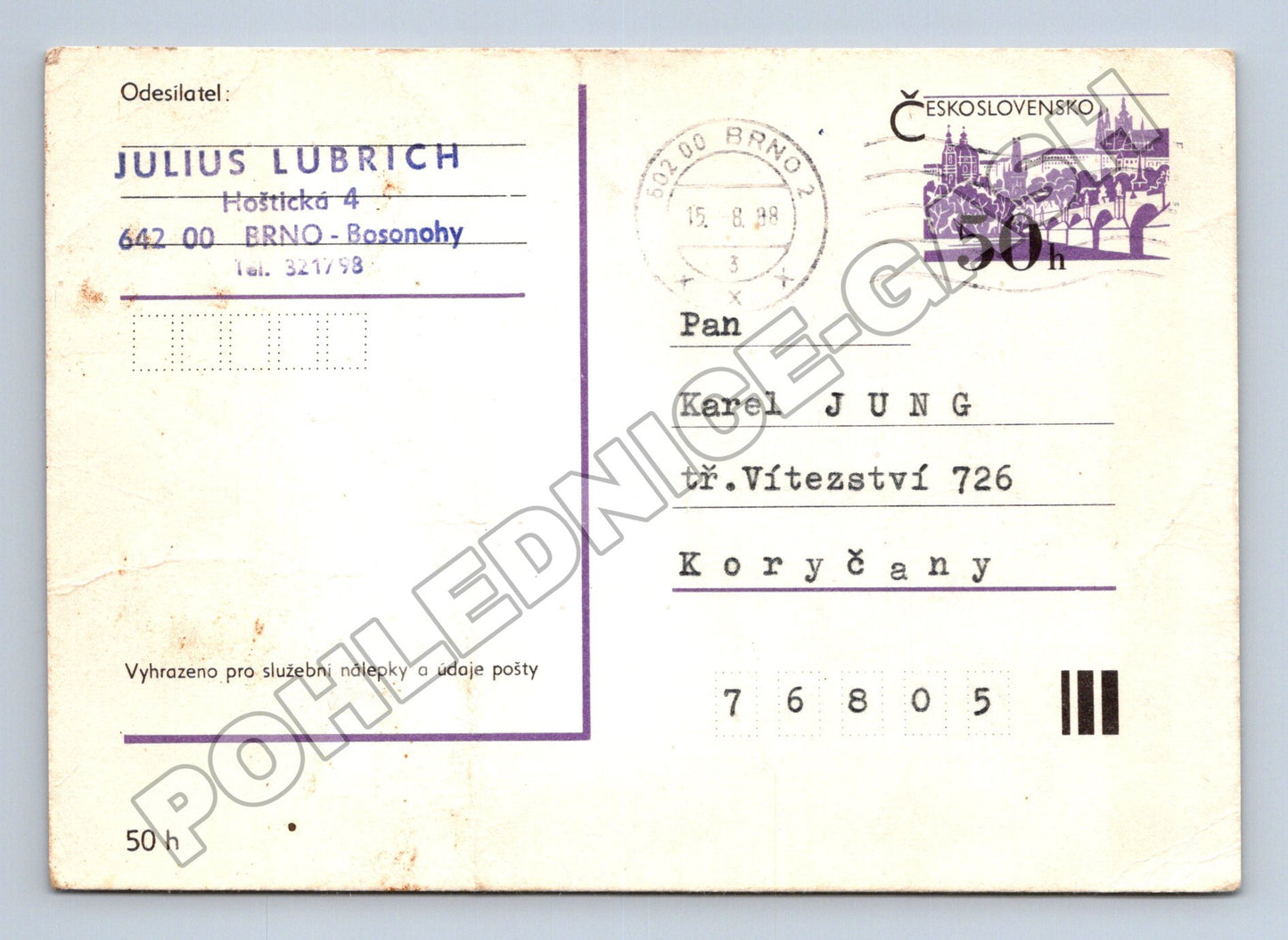 Pohlednice Brno Koryčany korespondence 1988 (M37910)