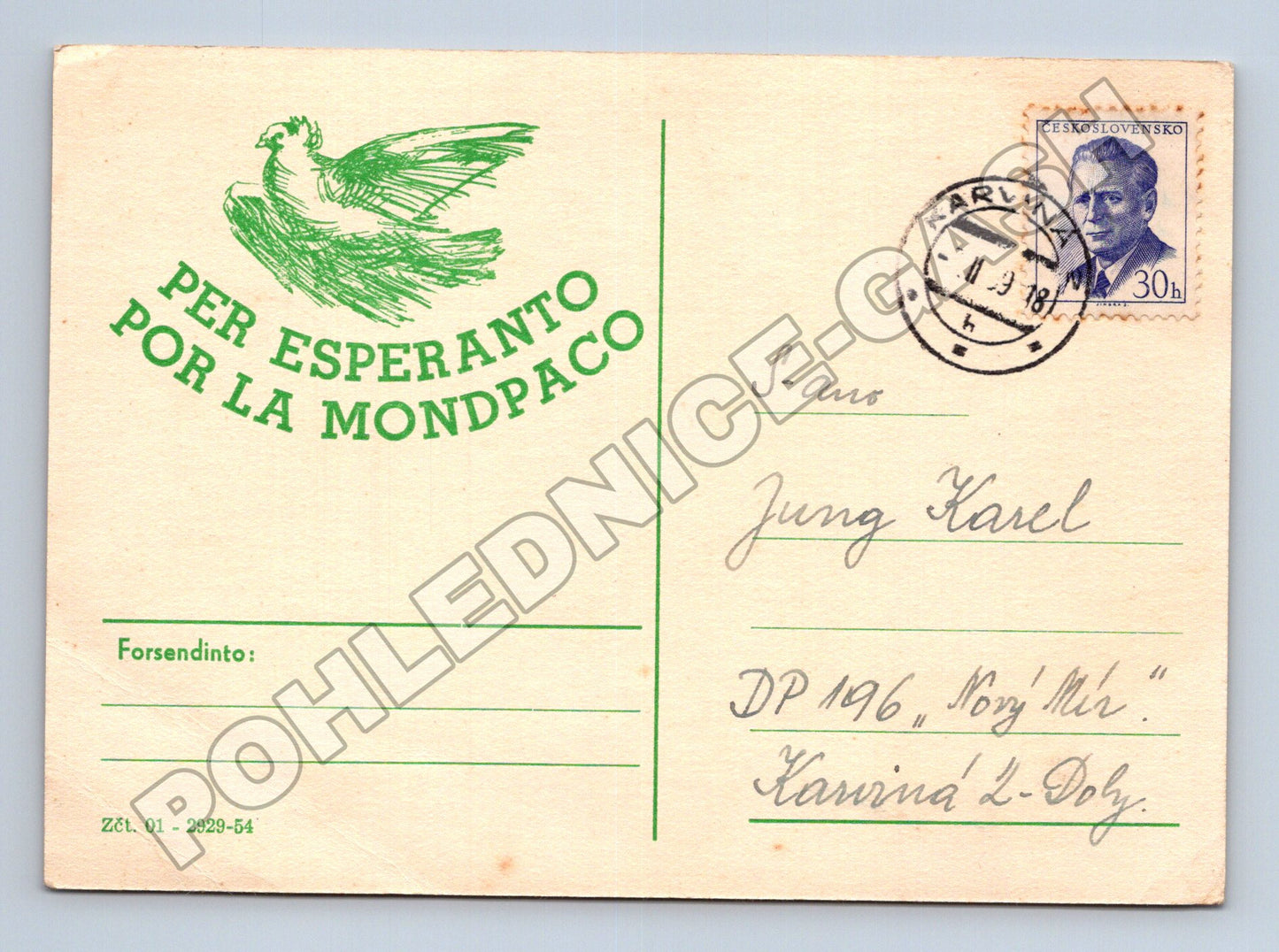 Pohlednice Karviná esperanto motiv holubice 1958 (M37911)