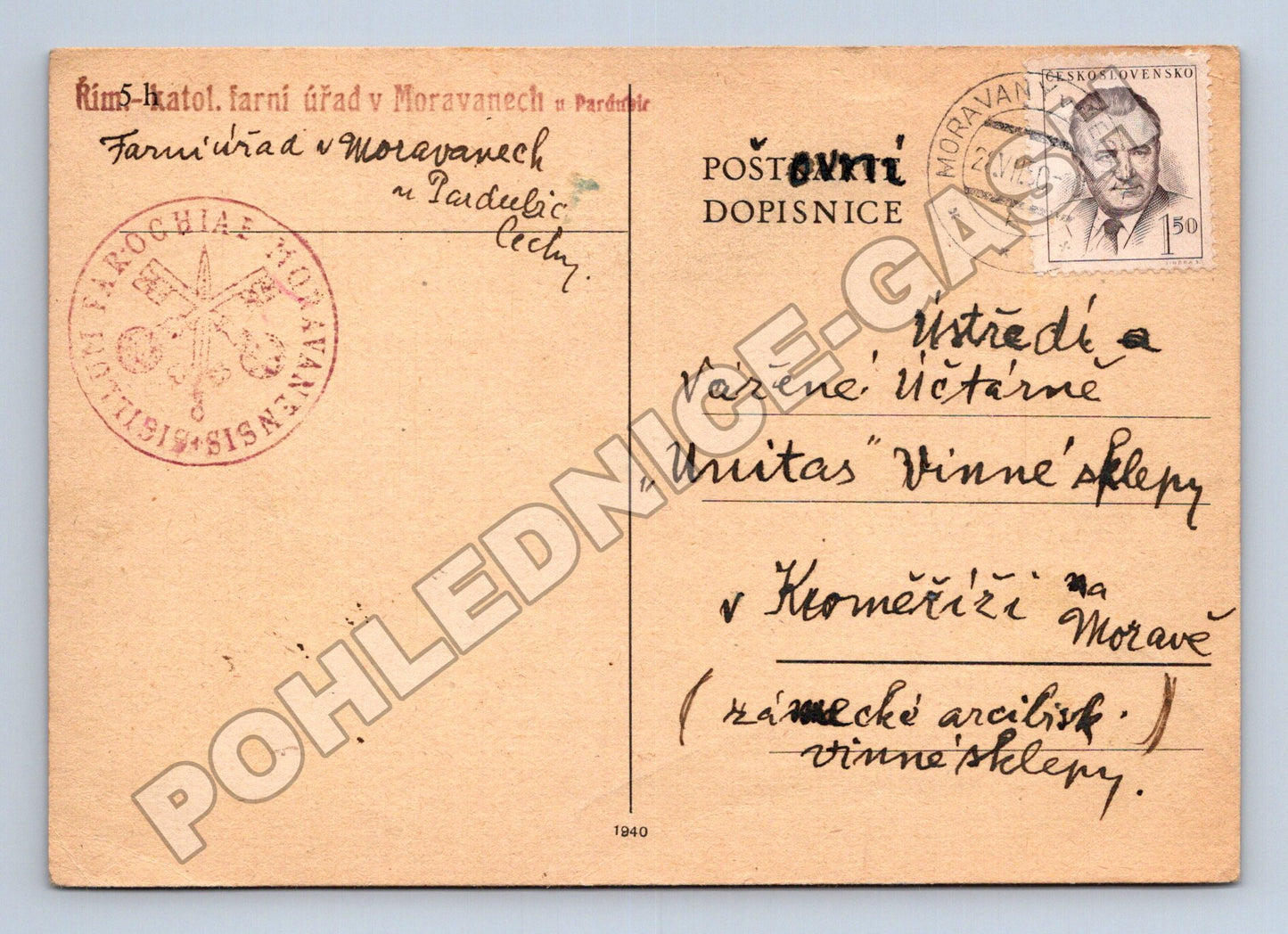 Pohlednice Moravany u Pardubic úřední korespondence 1950 (M37914)