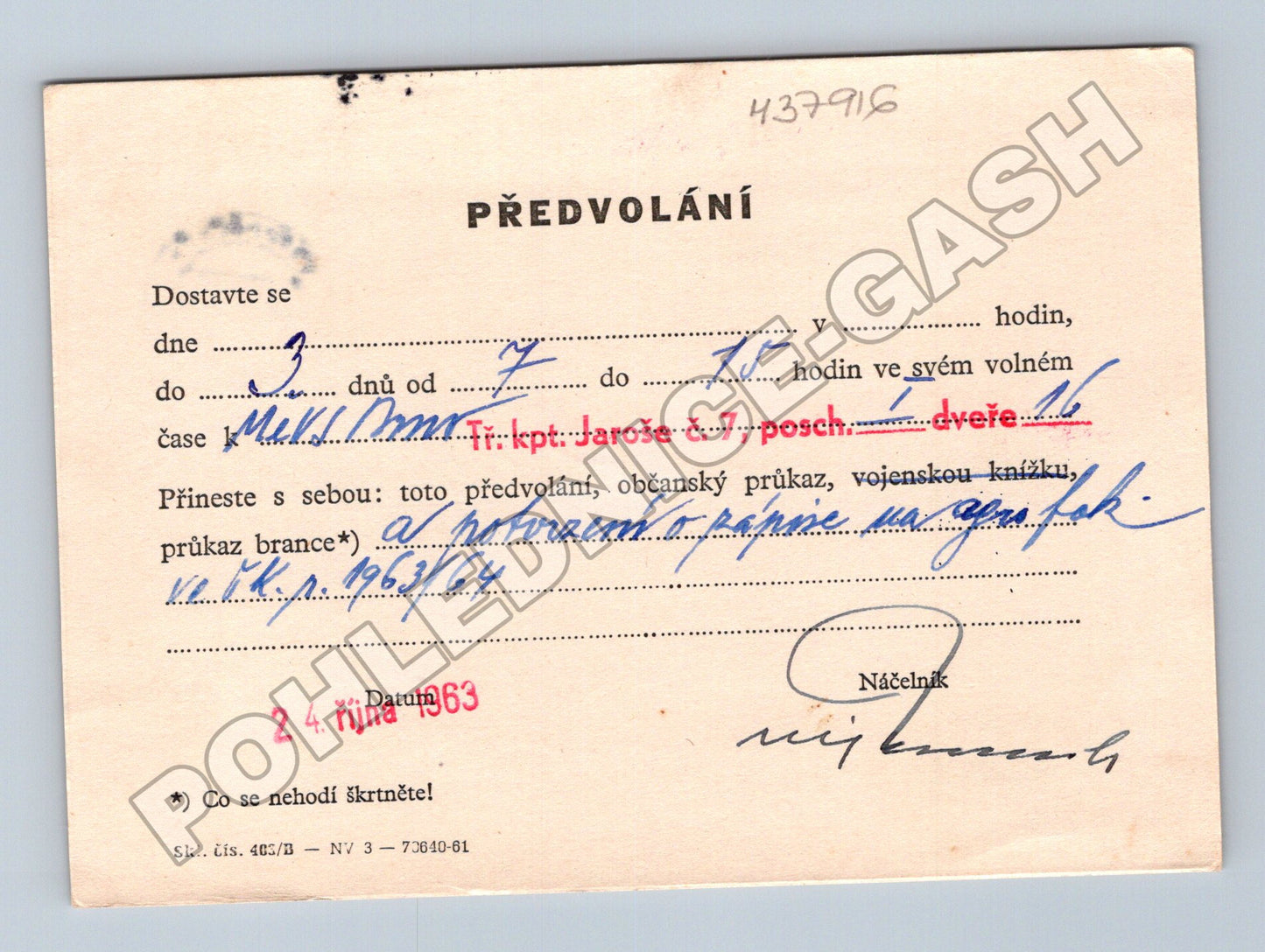 Pohlednice Brno vojenské předvolání 1963 (M37916)