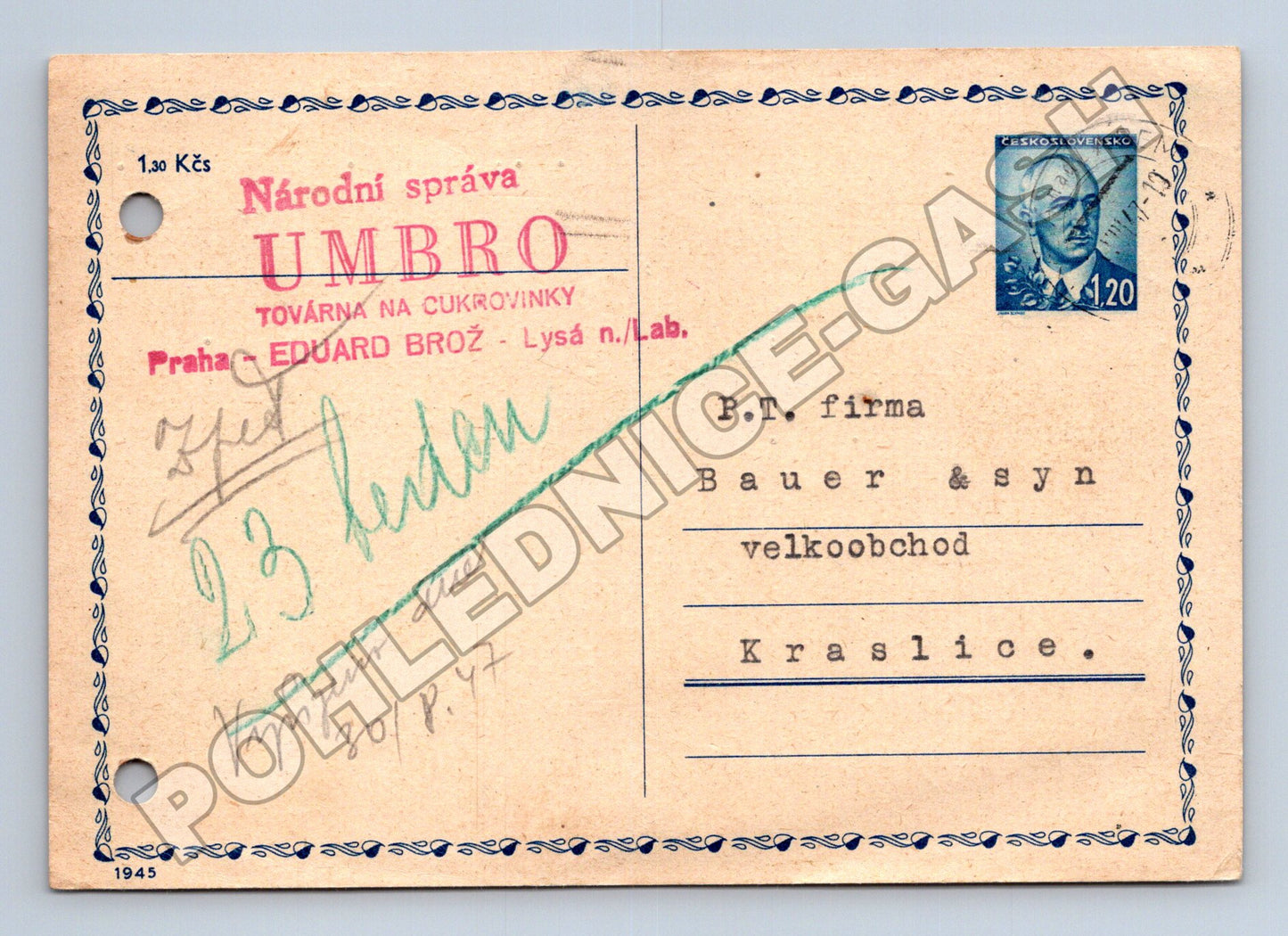 Pohlednice Lysá n.L. reklama Umbro cukrovinky 1947 (M37917)