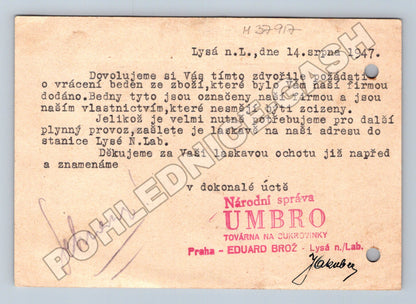 Pohlednice Lysá n.L. reklama Umbro cukrovinky 1947 (M37917)